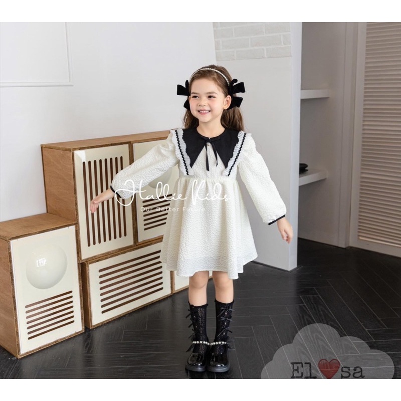 Váy đầm trắng cổ dập ly tiểu thư cho bé gái