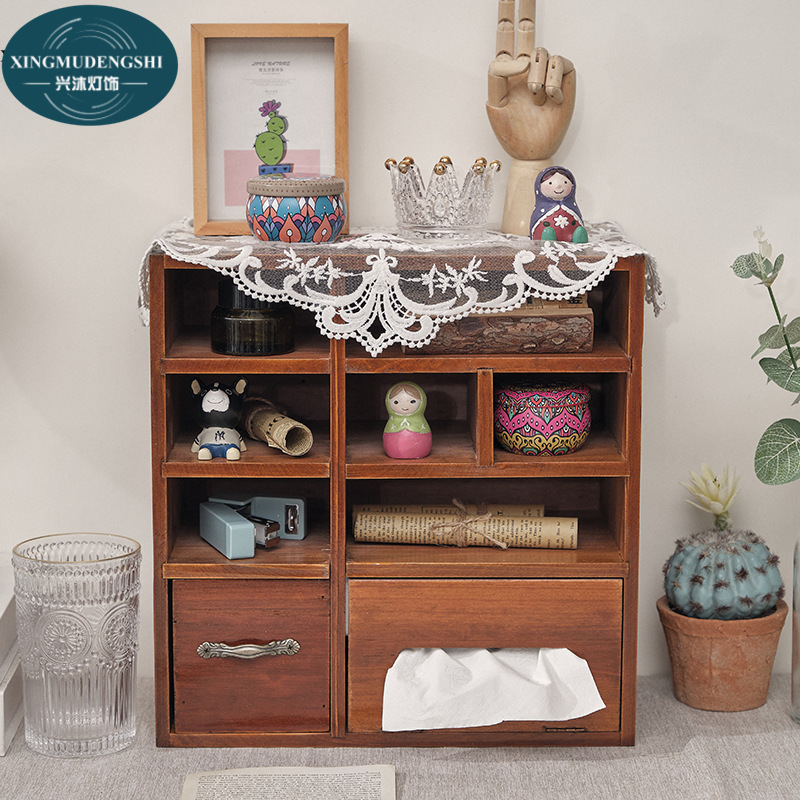 Retro storage box with tissue box, table shelf, wooden tabletop storage box, storage cabinet Save space Wood