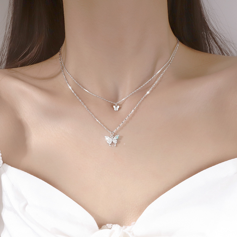 S925 Double Layer  Clavicalis Chain Butterfly Pendant