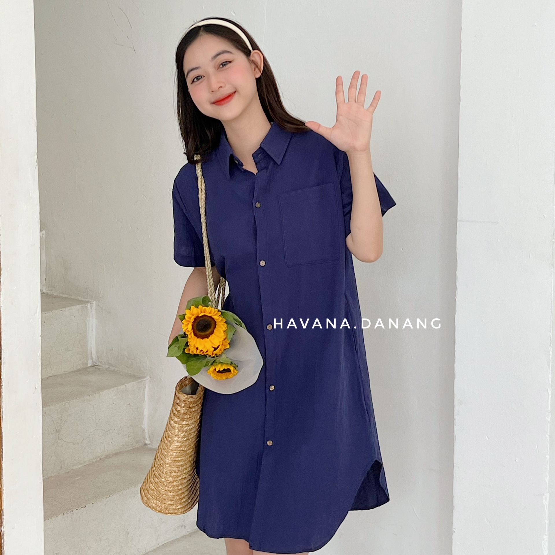 Đầm sơ mi đũi một túi 3 màu