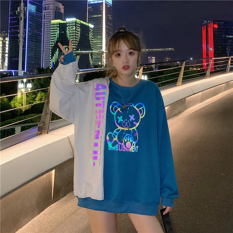 MBeauty Women's spliced loose round neck sweatshirt pullover bear