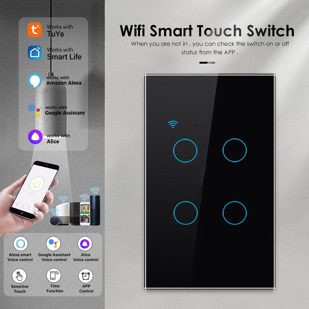 Vịt cửa hàng [Giao hàng nhanh] tuya Wifi đèn thông minh chuyển đổi màn hình cảm ứng chuyển đổi điều khiển bằng giọng nói không dây tường thiết bị chuyển mạch 1/2/3/4 Gang công tắc cảm ứng thông minh Nhà ánh sáng nút tường cuộc sống thông minh điều khiển b