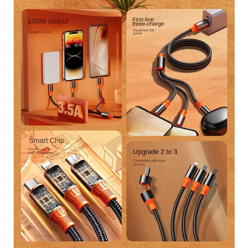 Mới 100W Cáp dữ liệu sạc nhanh nylon bện 6A hai kéo Ba cáp sạc một kéo Ba đa chức năng Cáp sạc