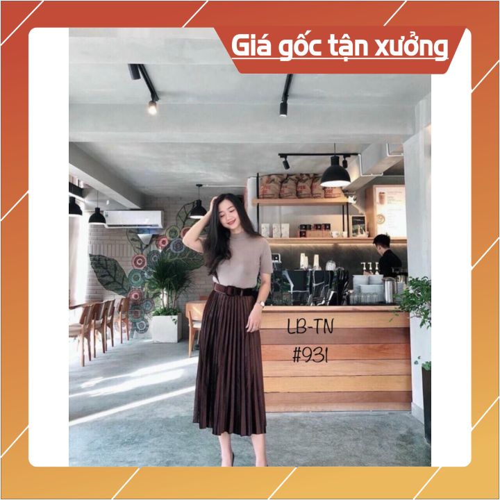 Chân váy xếp ly nhung - dáng midi kèm đai