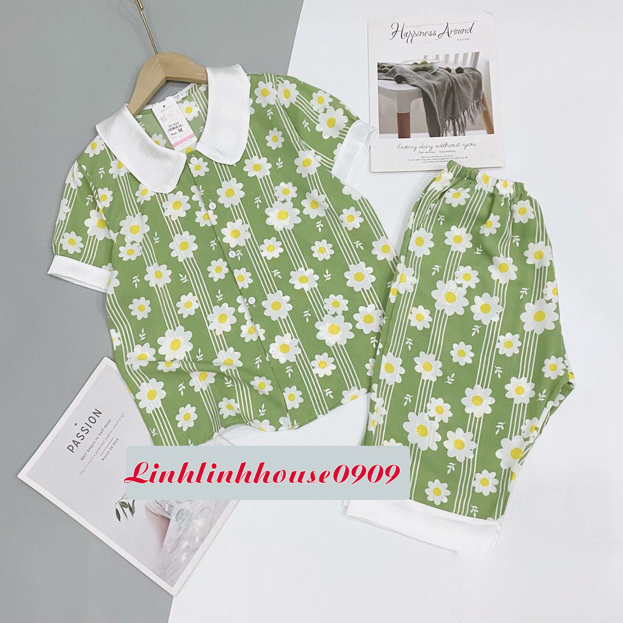 Đồ bộ mặc ở nhà Pijama lụa mango cộc lửng hoa cúc xanh