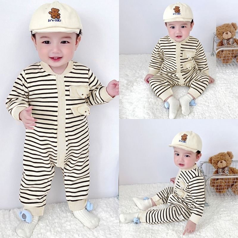 Body lotuka cho bé, bodysuit tăm thu kẻ đính gấu cho bé trai bé gái, bộ liền thân dài tay size 3-12kg