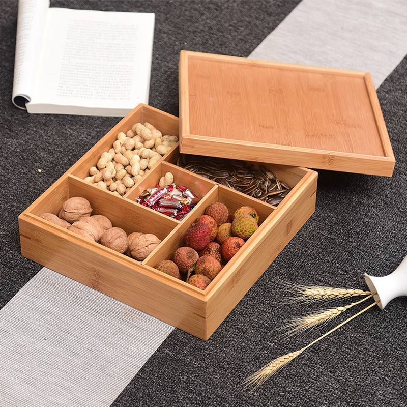 Bamboo Wedding Candy Storage Box with Cover Wedding Box Fruit Plate Dried Fruit Box Melon Seed Plate Handle Snack Nut Box