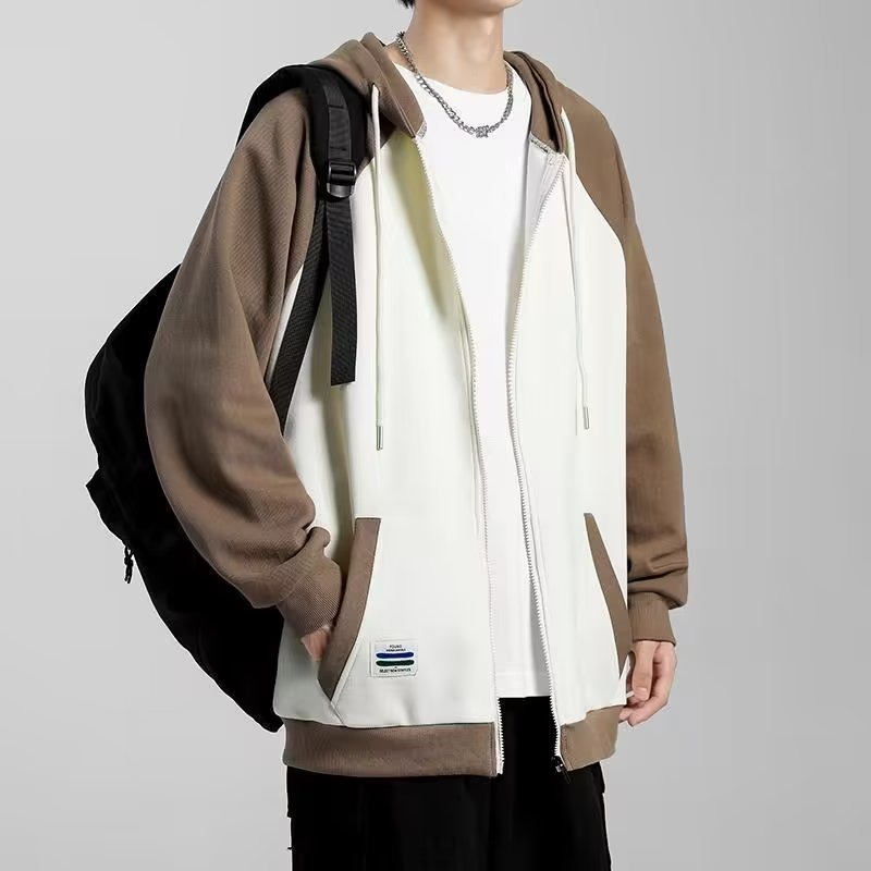 KYUSHUAD Men's Loose Casual Two-Color Splicing Jacket fleece loose thin sweater jacket