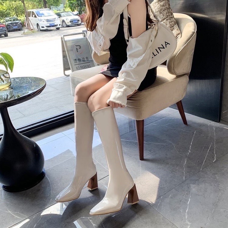 Bốt nữ cổ cao gót chéo 7p vân gỗ , giày bốt đùi nữ da bóng lót lông cao cấp sang chảnh