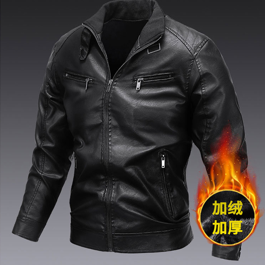 PU Jackets Men Fashion Casual Leather Coat Black Moto Biker Jacket Male  Spring Autumn Thick Fleece PU Coat Slim Fit