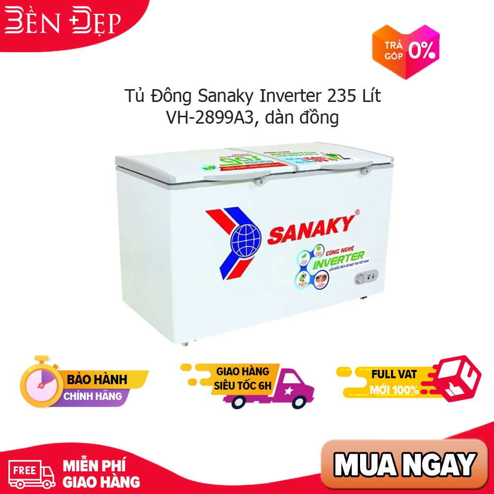 Tủ đông sanaky inverter 235 lít vh-2899a3, dàn đồng