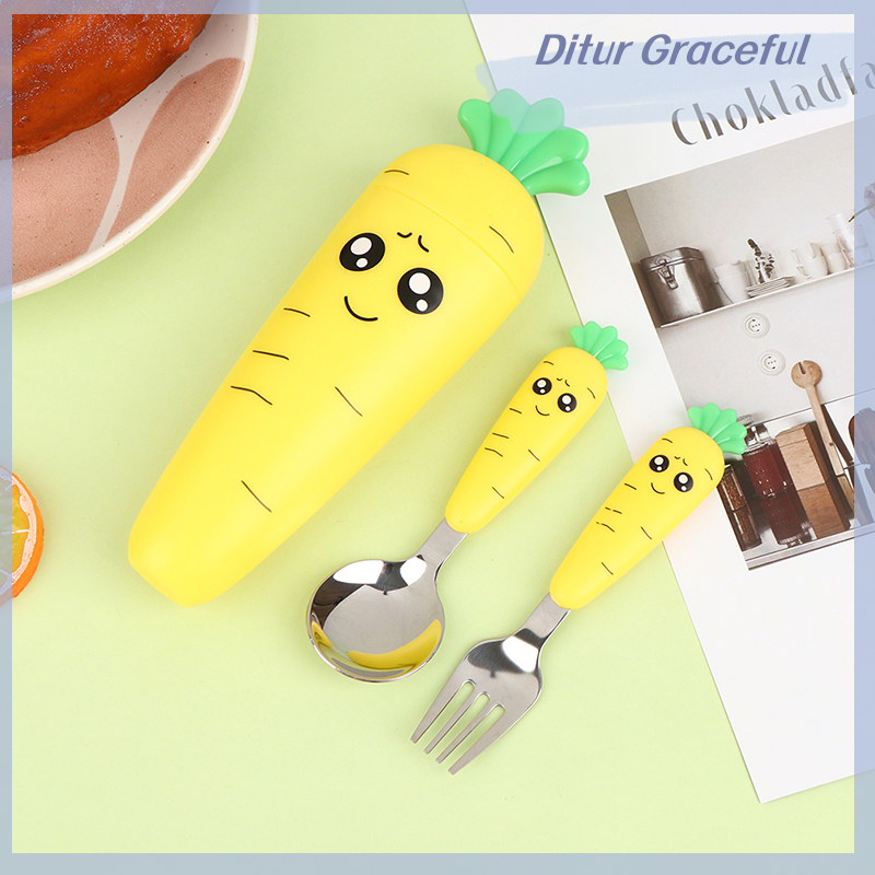 Ditur 3PCS Baby Feeding Utensils Cartoon Carrot Fork Spoon Child Cutlery Set Kid Tableware Kitchen Gadgets Cake Vegetable Fork Teaspoon