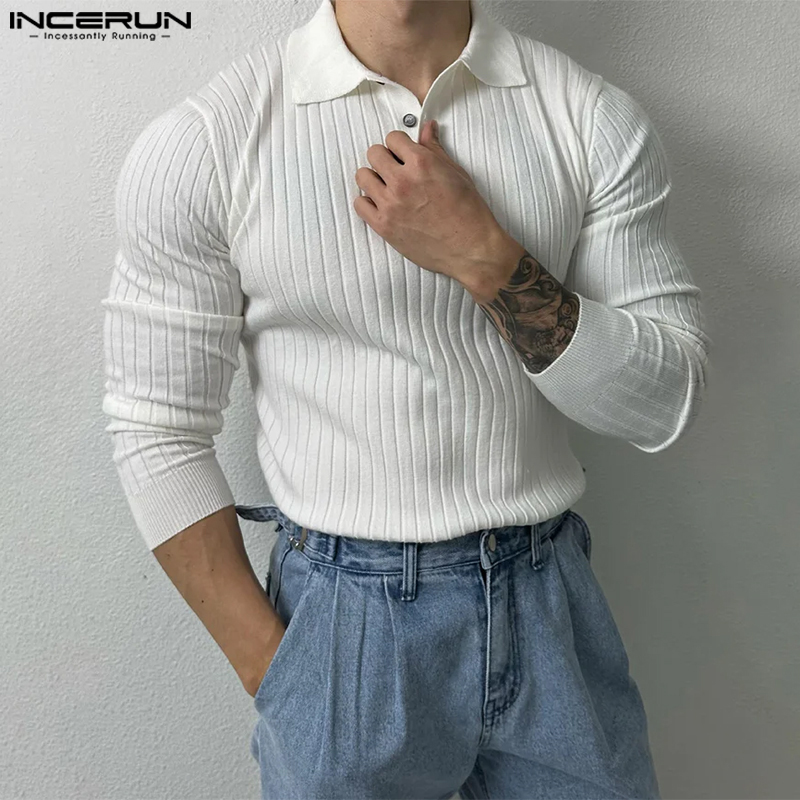 INCERUN Mens Long Sleeve Formal Casual Lapel Tops Leotard Plain Knitted Sweater Button Up Pullover (Korean Style)