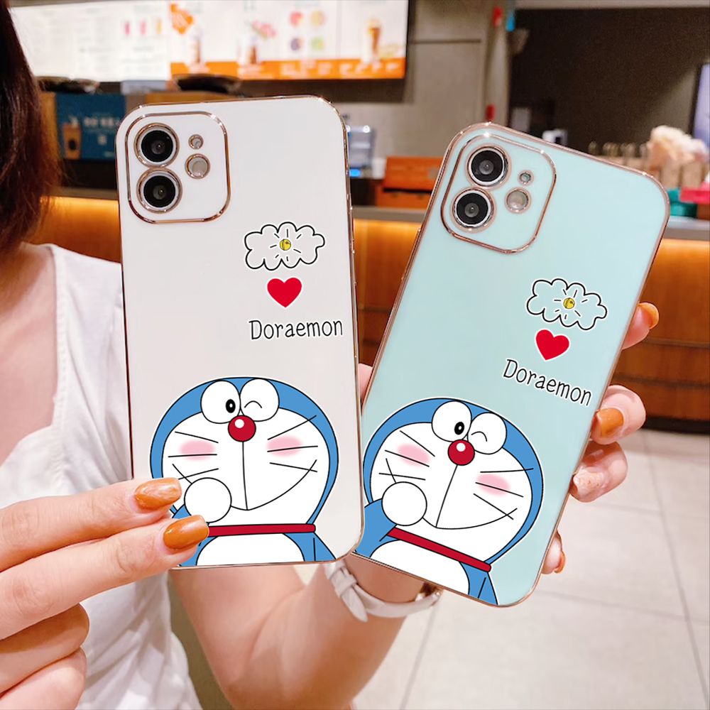 (Free Lanyard) For Realme 12 Pro Plus 5G C65 Realme Note 60 Back Cover Cute Cartoon Doraemon Square Edge Pattern Cover Luxury Plating Soft Phone Case.