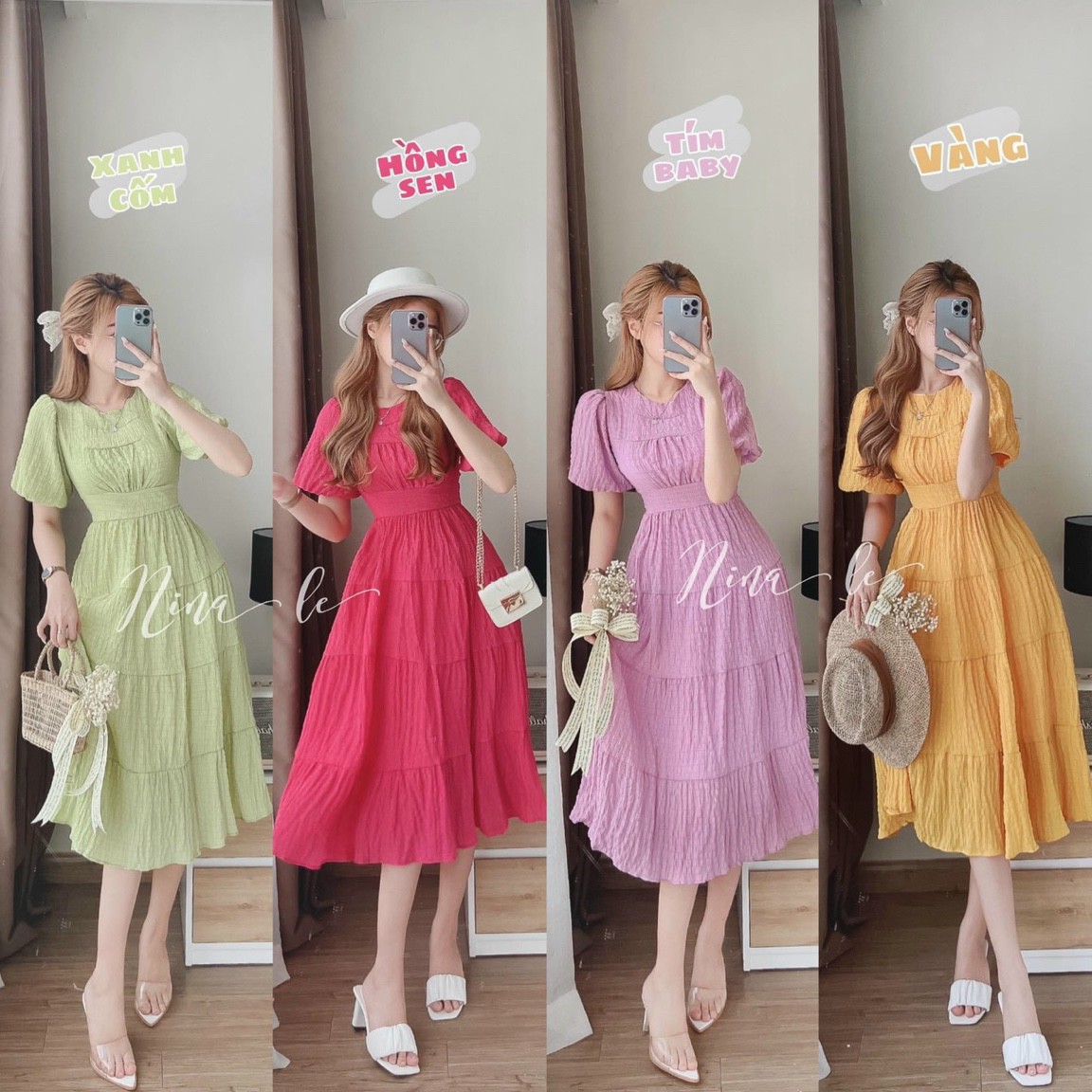 Đầm tiểu thư đũi xốp cổ tròn tay phồng xếp ly