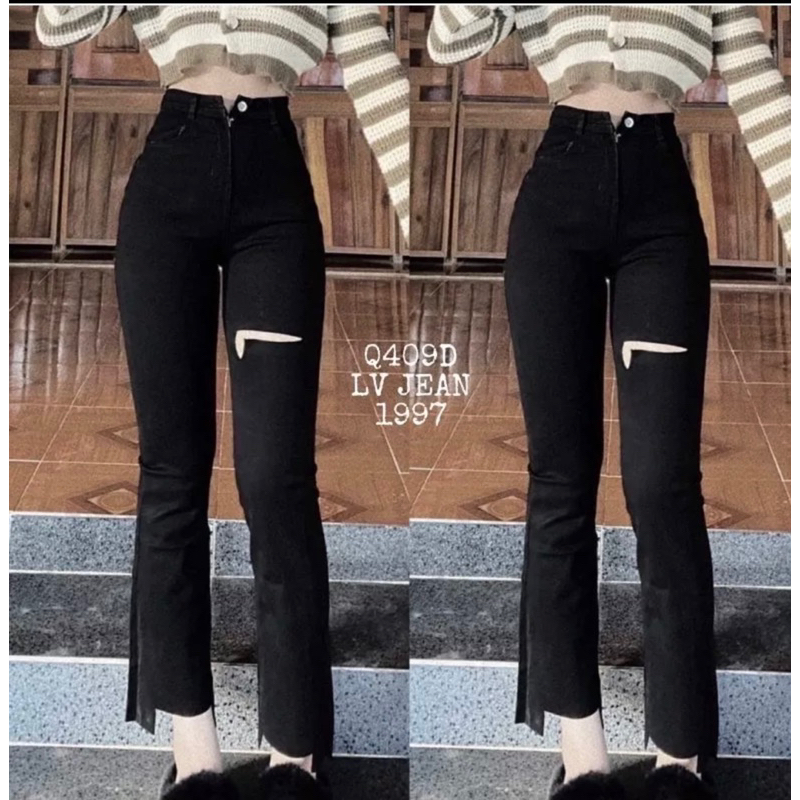 Jeans dài ống loe co giãn rách gấu L