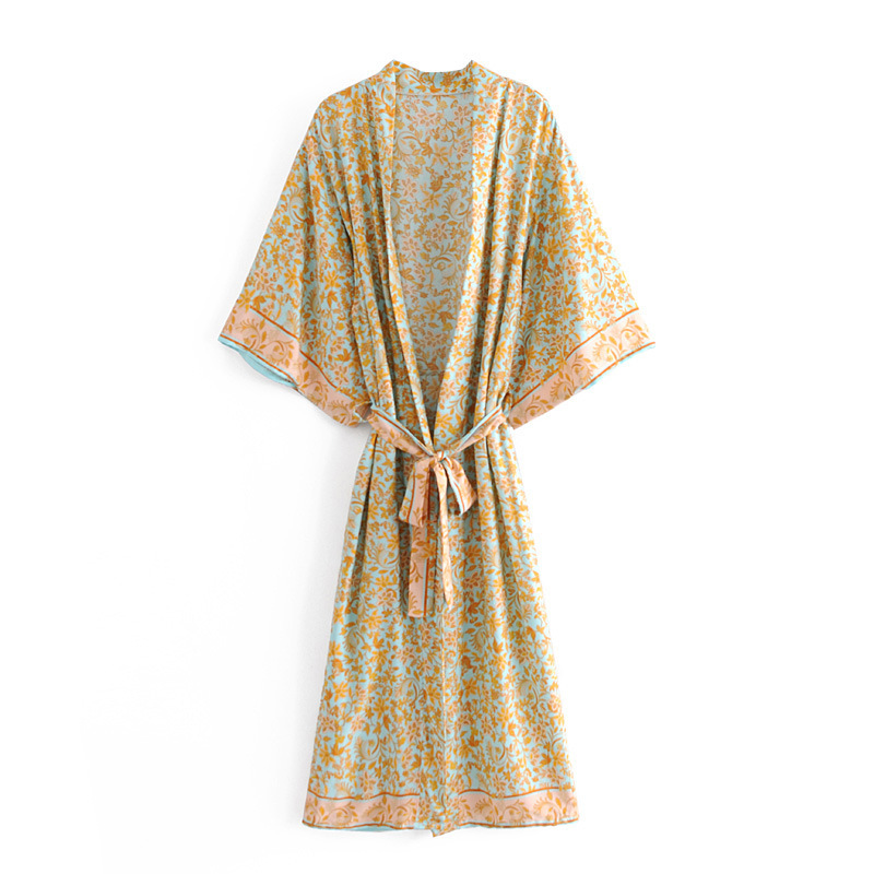 Lzd quần áo nữ phong cách mới rayon định vị hình chìm thắt lưng hoa áo khoác kimono áo tắm đi biển áo khoác bikini bên ngoài