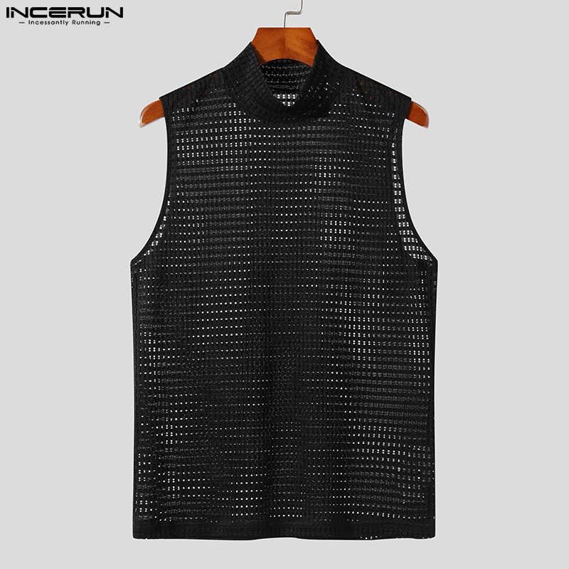 Medussa INCERUN Men's Breathable Hollow Out Design High Neck Tanks Casual Solid Color Sleeveless Vests