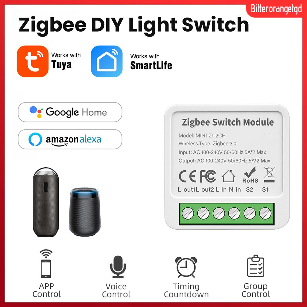 Bitterorangetgd Tuya Zigbee 1/2/3/4 Smart Gang Switch Module 2 Way Control DIY Breaker Smart Home Work With Alexa Goo/gle Home Yandex Alice