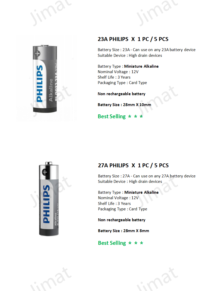 PHILIPS Battery A23 A27 + 12V + Batteri 23A GP23A DL23 L1028 V23