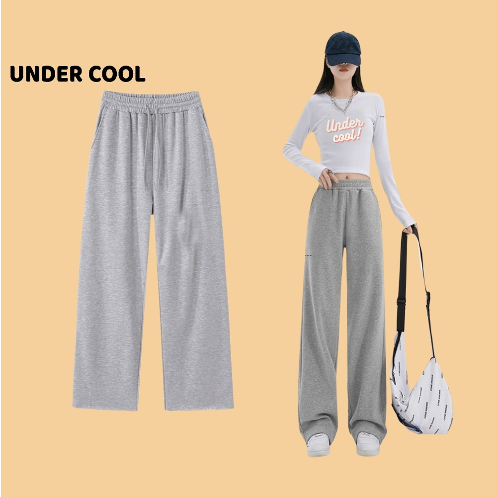 Quần nỉ ống rộng suông nữ UNDERCOOL cạp chun chất da cá quần vải ống rộng nỉ thun xuông dài đẹp retro pants