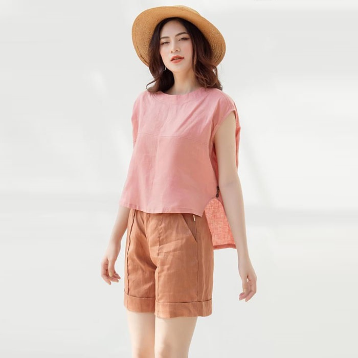 Set bộ linen áo cổ tròn form rộng kèm quần short trẻ trung thời trang phong cách trẻ