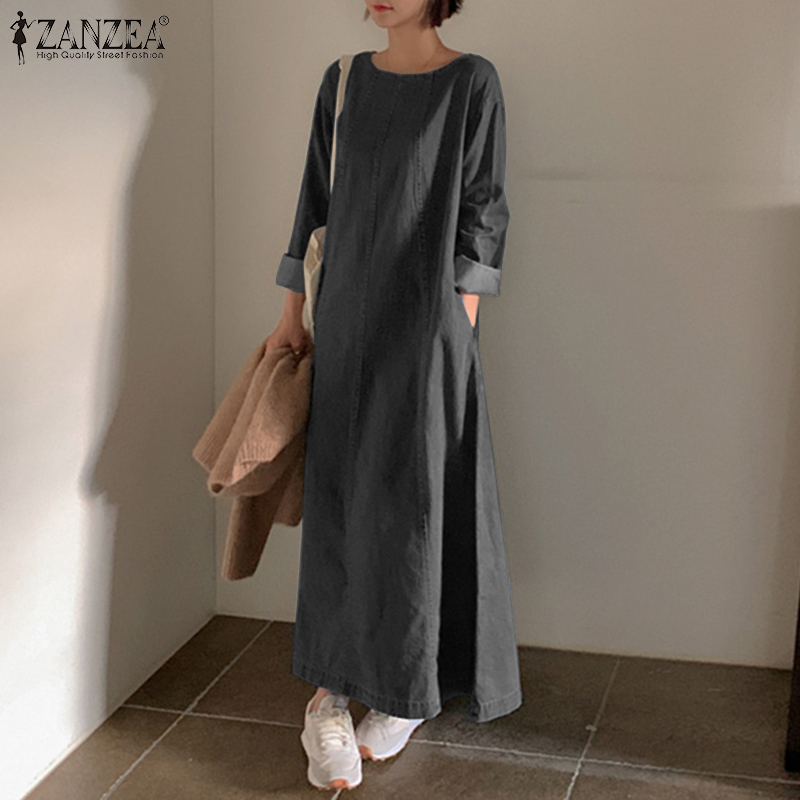 ZANZEA%20Korean%20Style%20Women's%20Dresses%20New%20Fashion%20O-Neck%20Full%20Sleeve%20Buttons%20Plain%20Loose%20Denim%20Dress%20-%20Image%203