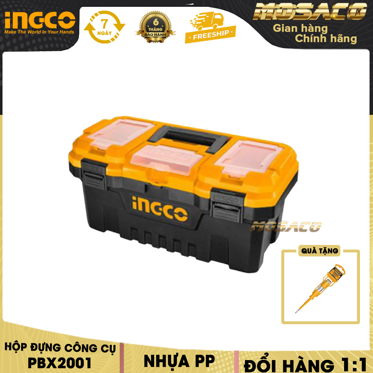 Hộp nhựa đựng công cụ INGCO PBX2002 20 inch khoá kim loại. Hộp đựng đồ nghề loại lớn chất liệu nhựa PP tải tối đa 20kg tay cầm có độ bền cao chứa 1 khay nhựa tuổi thọ cao bảo hành 6 tháng đóng gói cẩn thận- MOSACO TOOLS