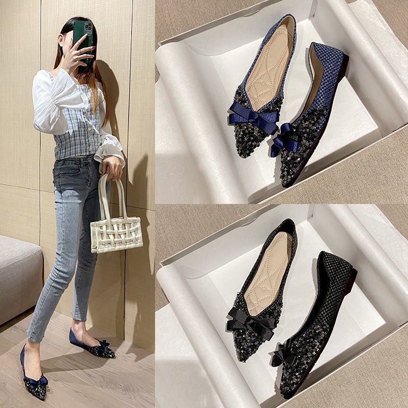 Giày Búp Bê Mũi Nhọn Đính Đá Thời Trang Dành Cho Nữ