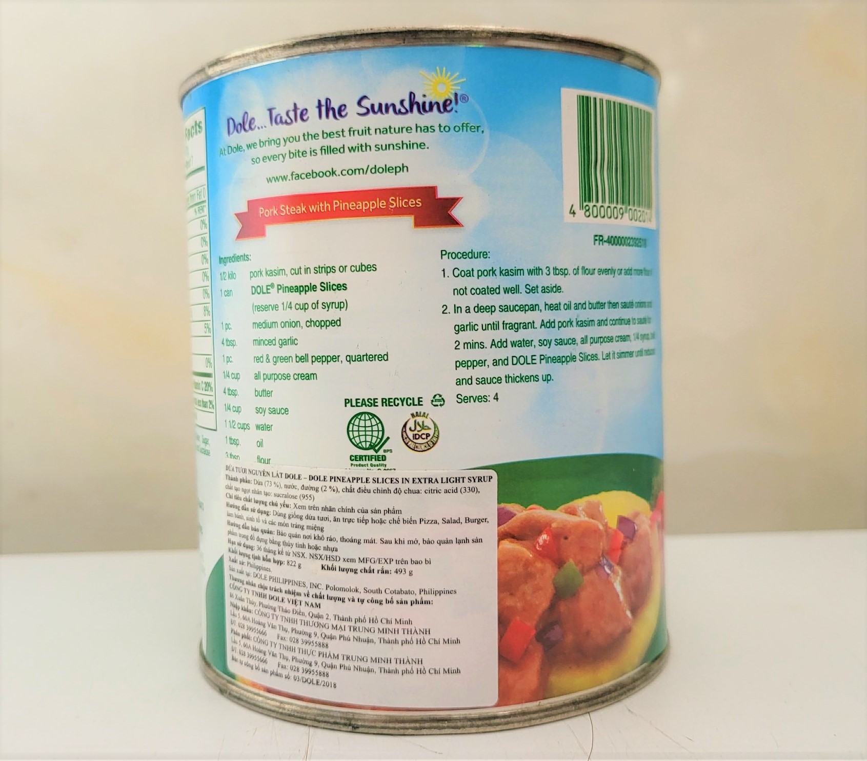 [Hộp 822g – NGUYÊN LÁT] DỨA TƯƠI NGÂM SI RÔ [Philippines] DOLE Pineapple Slices in Ex Light Syrup (halal)