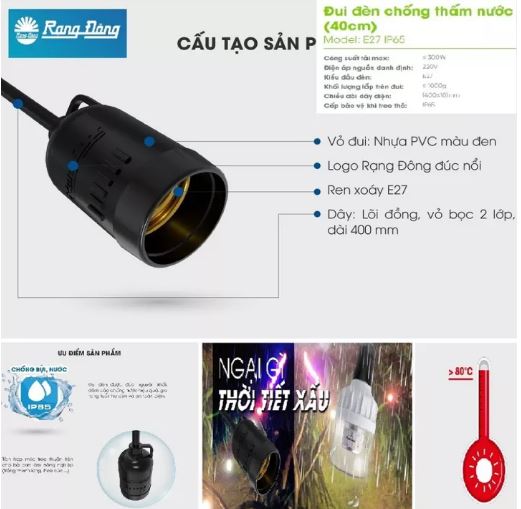 Đui đèn treo chống nước chính hãng rạng đông E27