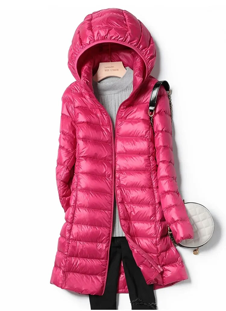 Winter Womens Down Jackets Long Ultra Light Thin Casual Coat Puffer Jacket Slim Remove Hooded Parka