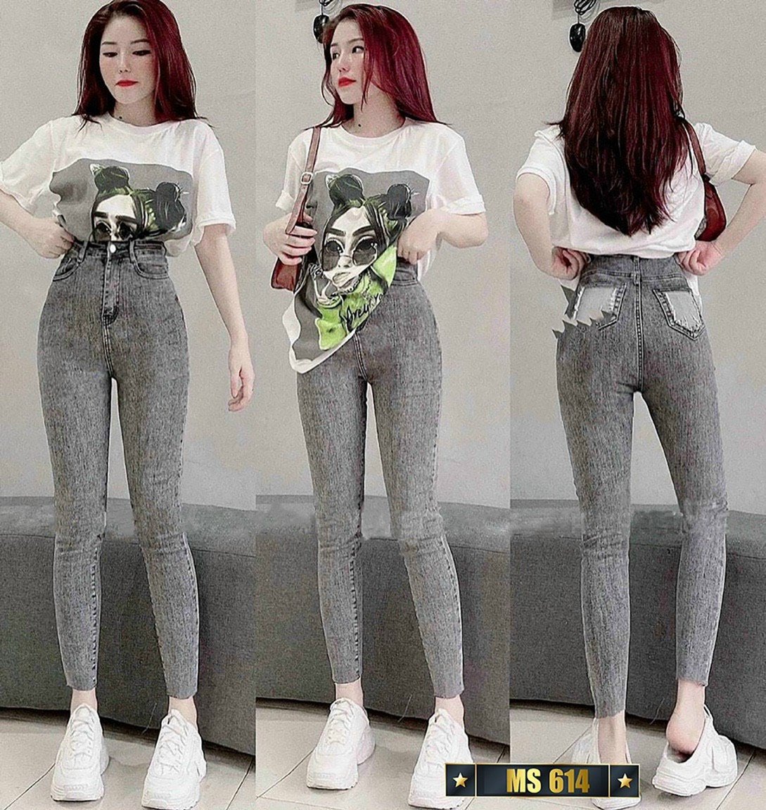 Quần Jean Skinny Nữ Dáng Ôm Lưng Cao Trơn Basic Siêu Tôn Dáng, Quần Jean Nữ Xám Túi Kiểu Trẻ trung Chất Jean Co Giãn -XÁM STORE92 MS614