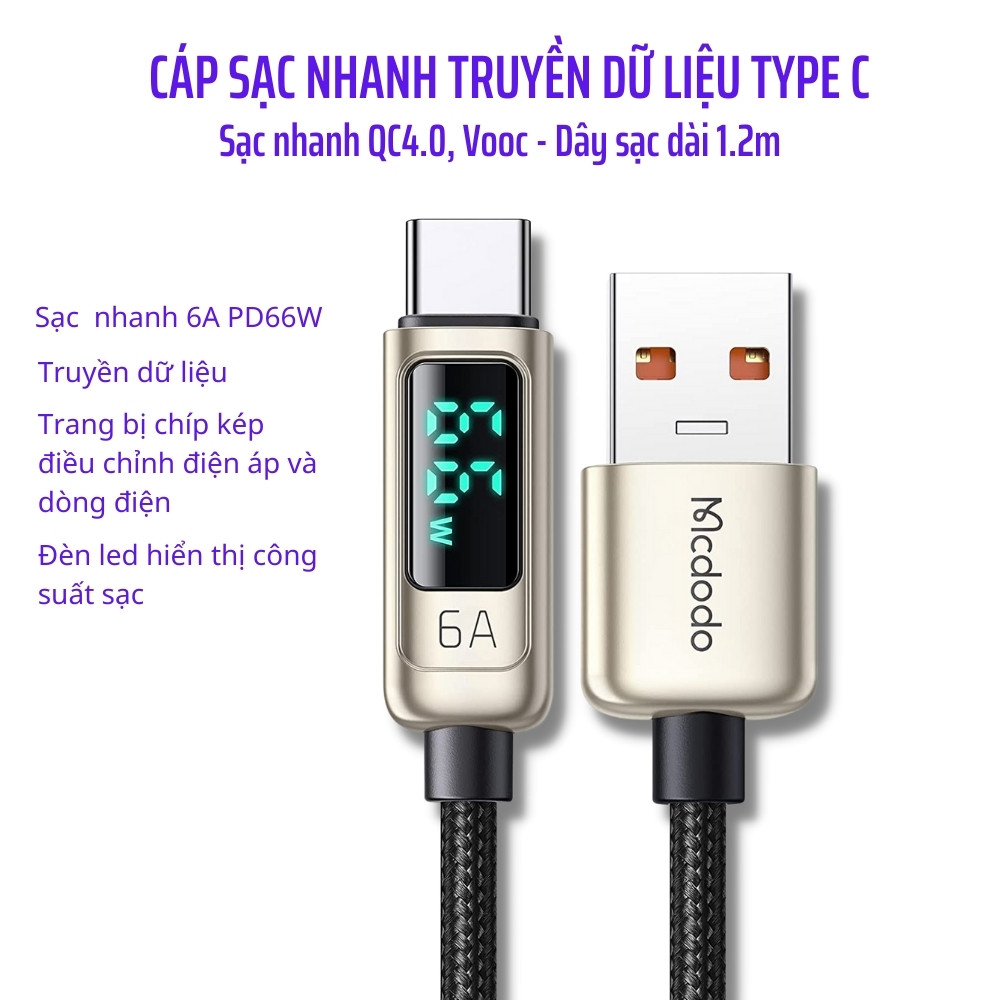 Dây Cáp Sạc Nhanh Mcdodo CA-88 PD100W/66W/20W QC4.0 Vooc Type-C Lightning Cho iPhone Samsung HuaWei Oppo