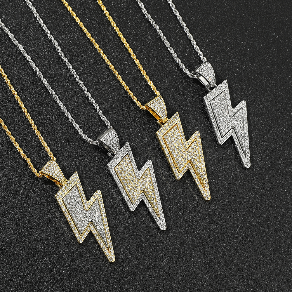 Iced Out CZ Crystal Lightning Sign Pendant Necklaces for Men Teen Boys Hip Hop Gold Color Chains Accessories Jewelry Gifts. 