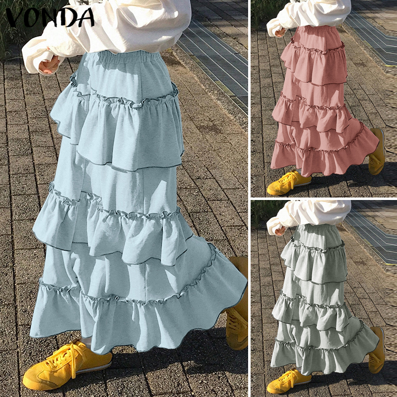 VONDA%20Women's%20Sweet%20Elastic%20Waist%20Multi-layered%20Ruffles%20Overskirts%20Street%20Stylish%20Contrast%20Edge%20Cake%20Skirt%20(Korean%20Causal)%20-%20Image%204
