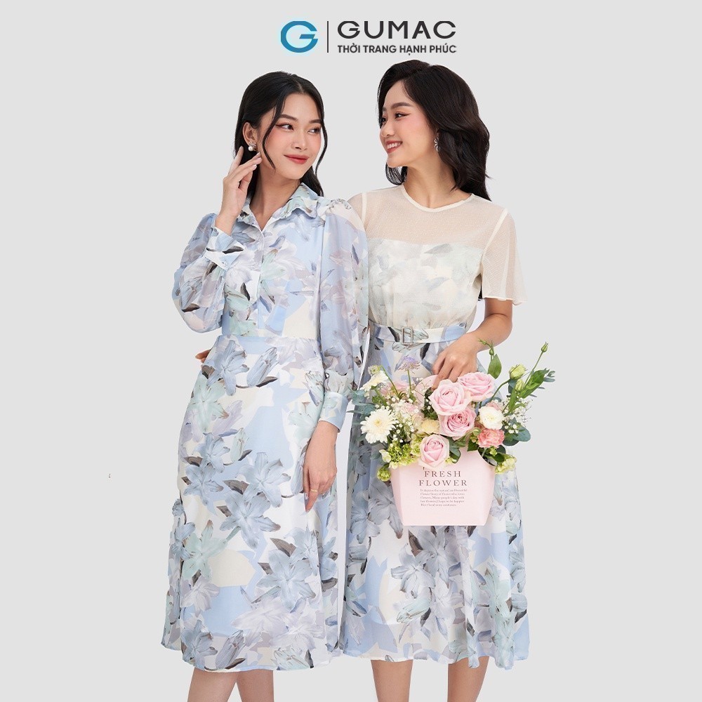 Đầm nữ phối vải tay loe GUMAC DD03044