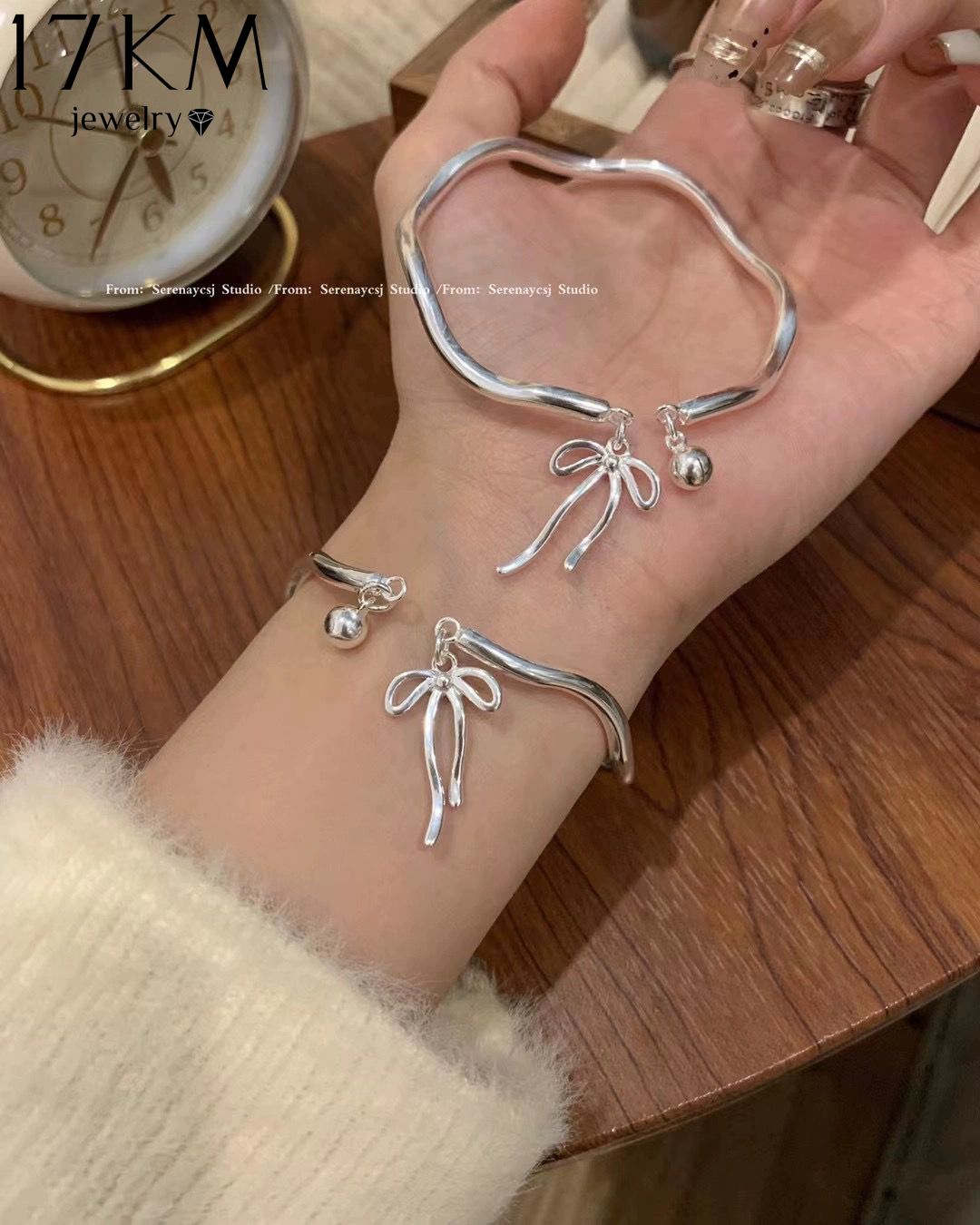17KM Elegant Bow Small Bell Bangle Wave Silver Opening Adjustable Bangles for Women Jewelry Accessories