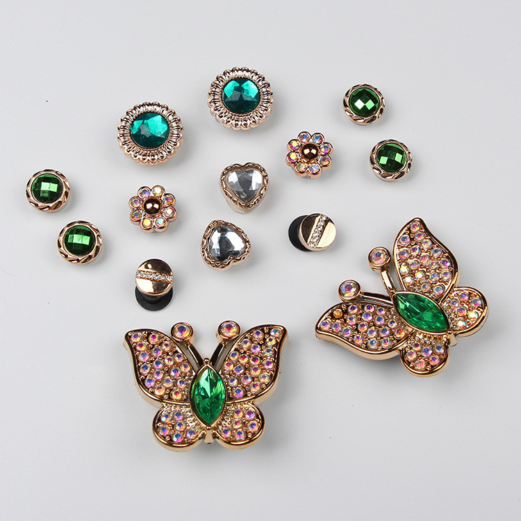 14pcs Vintage Fashion Green Diamond Butterfly DIY Croc Jibz Charm Button Fashion Shoes Accessories
