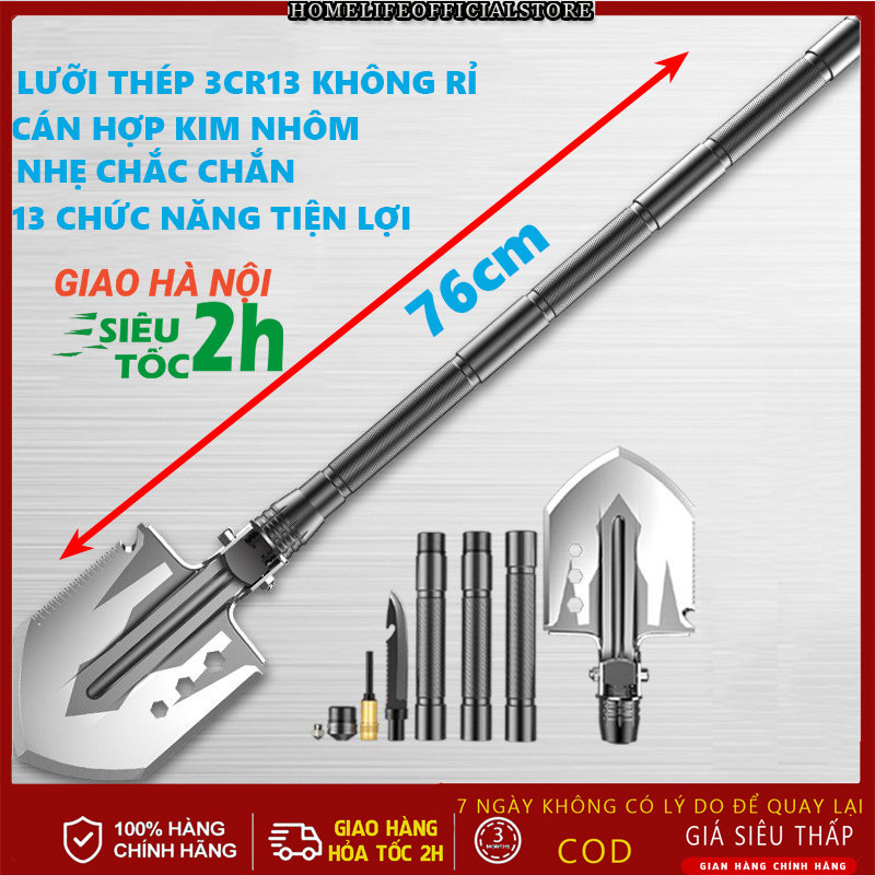 Bộ cuốc xẻng quân dụng đa năng làm vườn đi rừng đi phượt dã ngoại gấp gọn 13 chức năng tiện lợi