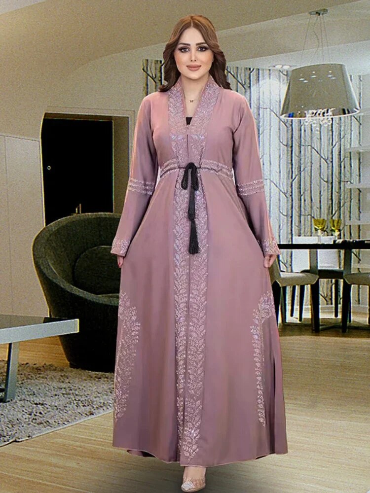 【Trending Now】 Eid Dress For Women Dubai Kaftan Dresses Flare Sleeve Abaya Jalabiya Turkey Ramadan Party Abayas Robe Belt Caftan.