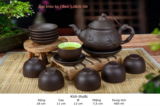 Ấm chén tử sa khắc Bát Tràng kèm khay chữ nhật