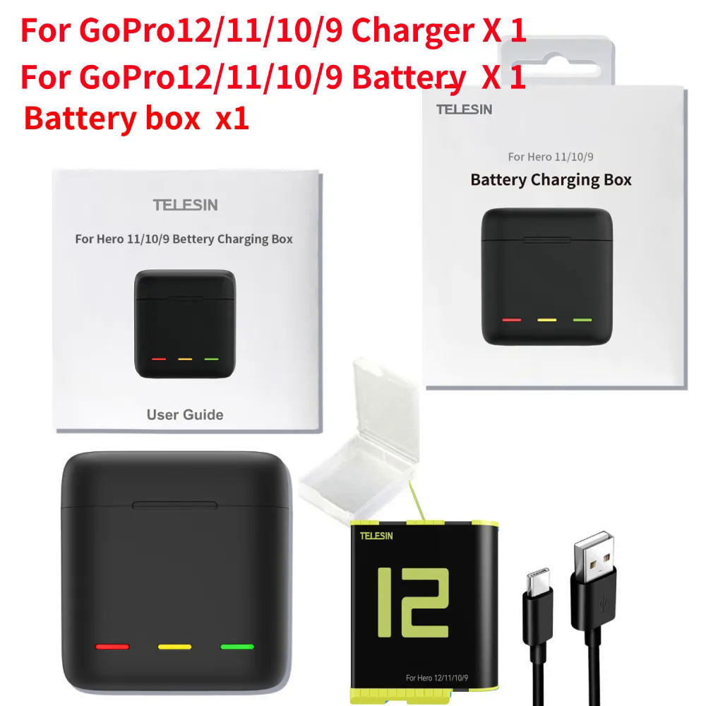 Esin for GoPro 12 11 10 9 battery 1750mAh LED light charging storage for GoPro 12 hero 11 10 battery charger accessories
