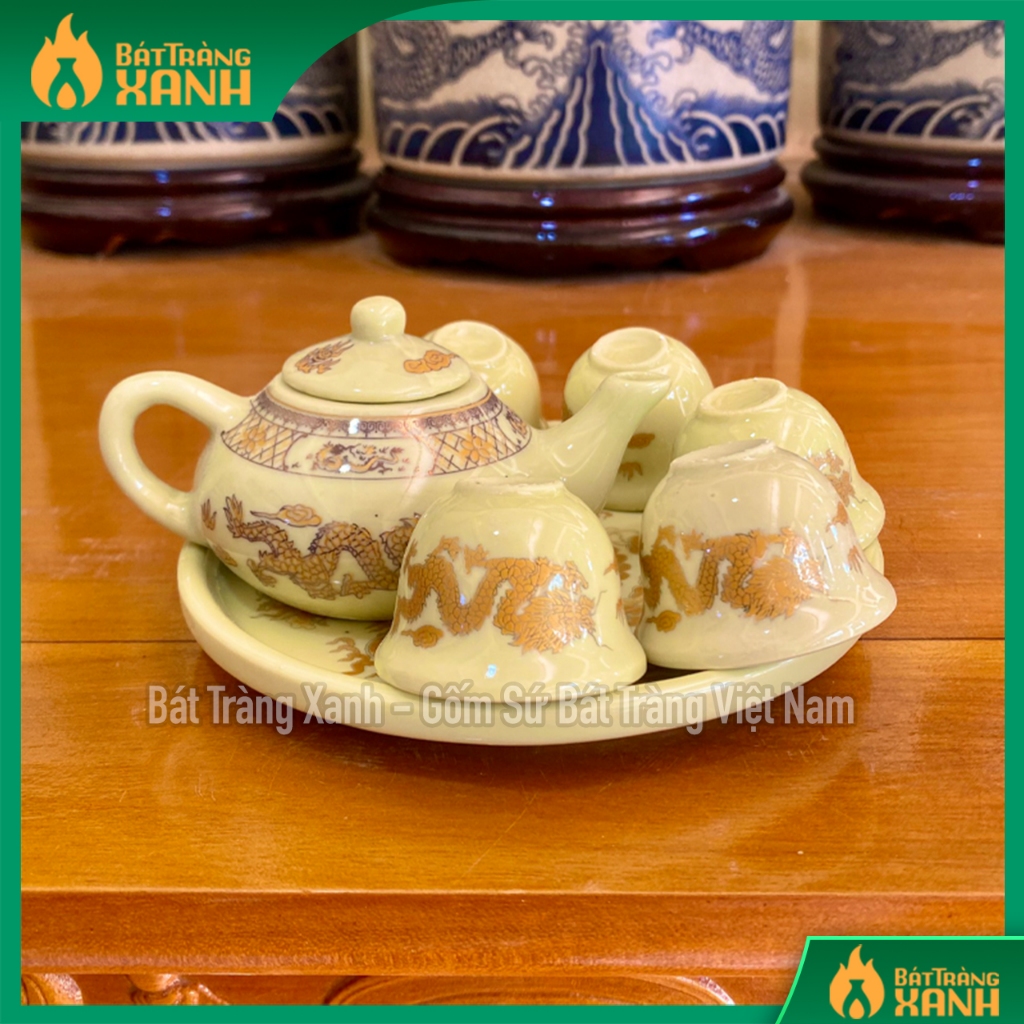 Bộ ấm chén thờ bát tràng màu ngà vàng loại i - ấm chén cúng mini 1 ấm 5 chén 1 đĩa