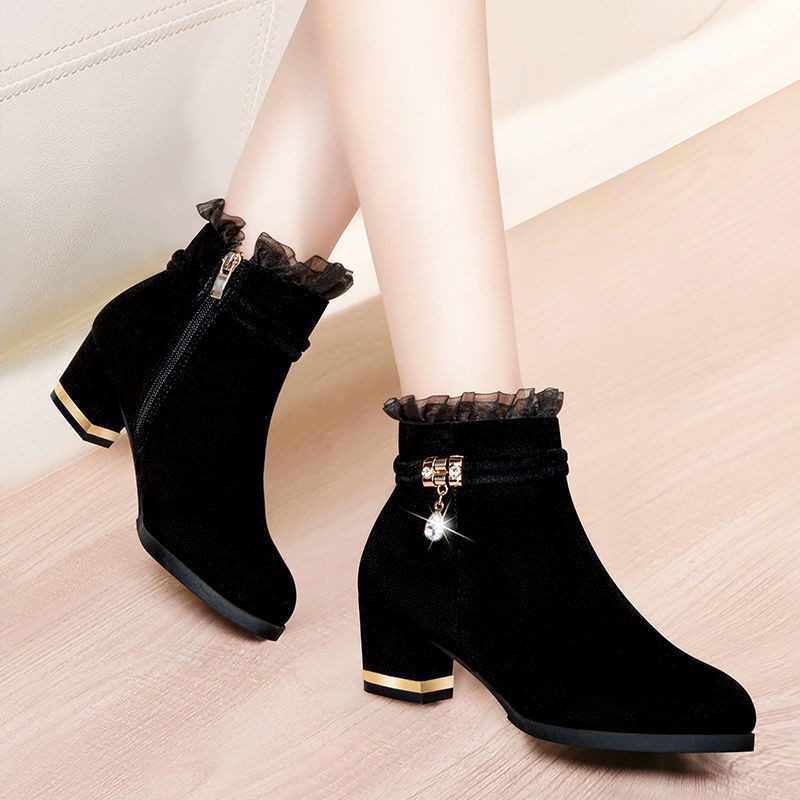 *Giày boot cổ thấp gót dày thời trang thu đông cá tính cho nữ