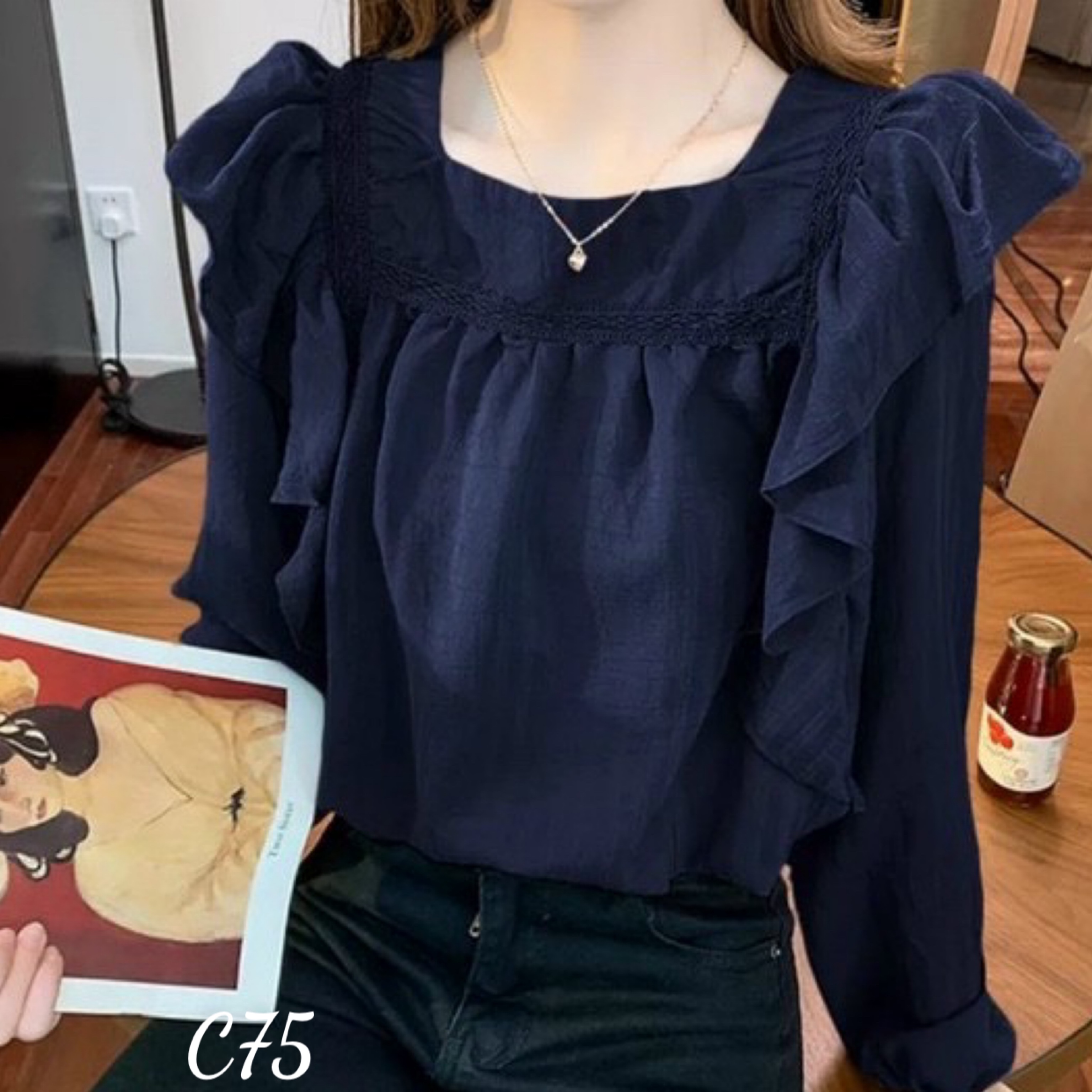 Áo voan lụa nữ cổ vuông phối bèo cánh tiên tay dài C75