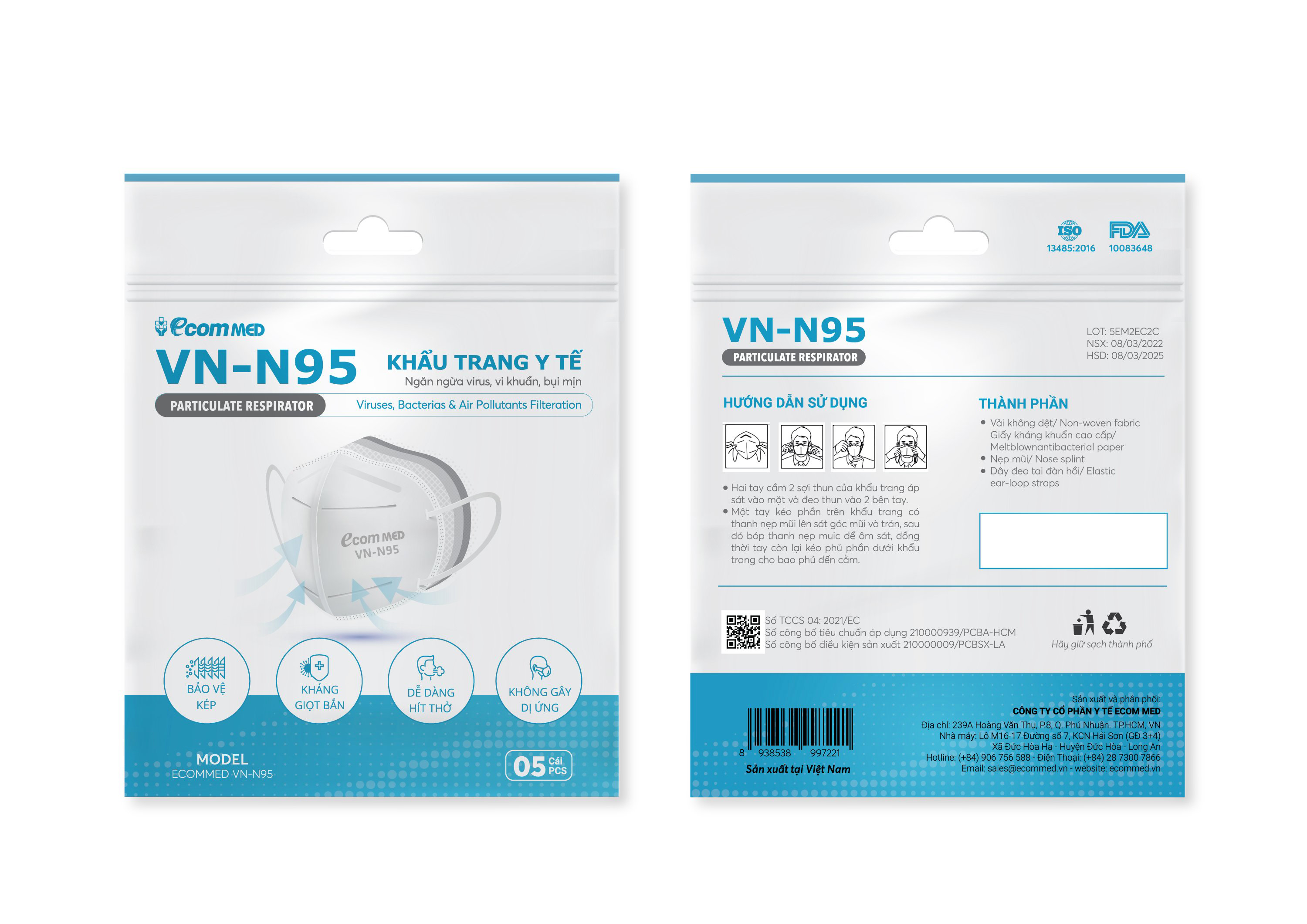 Combo 300 Cái Khẩu Trang N95 EcomMed (60 Bịch)
