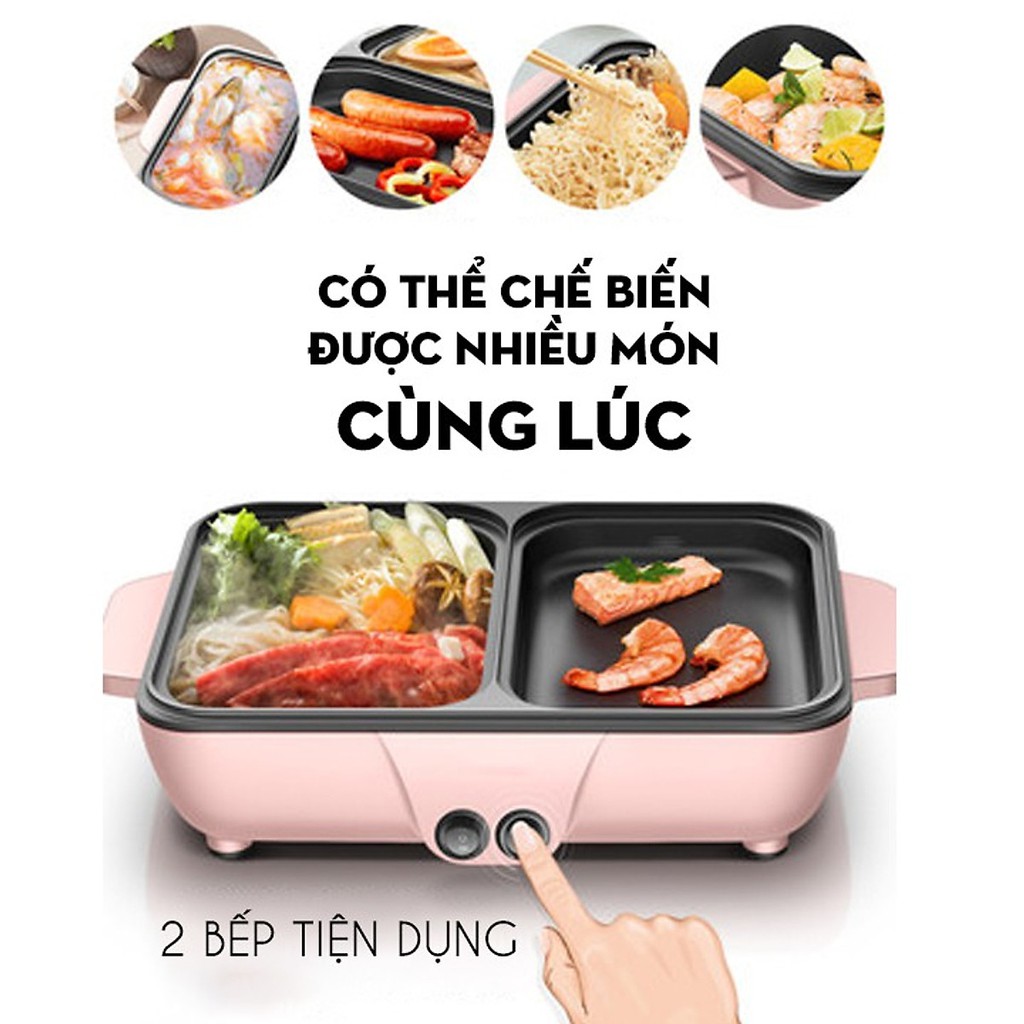 Nồi lẩu nướng 2 trong 1, bếp điện đa năng, nồi lẩu mini đa năng vừa ăn lẩu và nướng chống dính cao