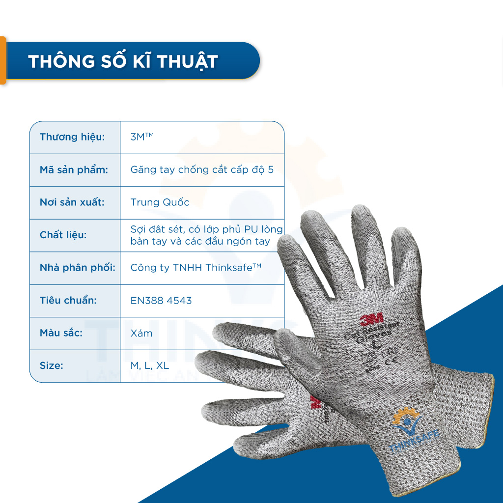 Găng tay chống cắt 3M cấp độ 5, Găng tay lao động chống dầu, chống trơn trượt, bao tay bảo hộ tay khỏi đồ vật sắt nhọn - Thinksafe