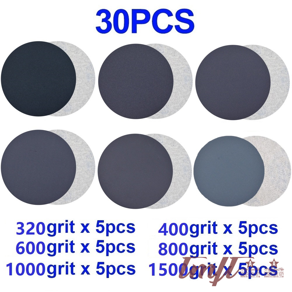 30pcs 3inch 75mm sanding discs wet/dry sandpaper 320, 400, 600, 800, 1000, 1500 grit high quality sand carabiner round sand tray